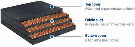 Illustrative EP belt construction: top wear and impact resistant rubber cover, polyester warp and polyamide weft fabric plies, and bottom rubber cover